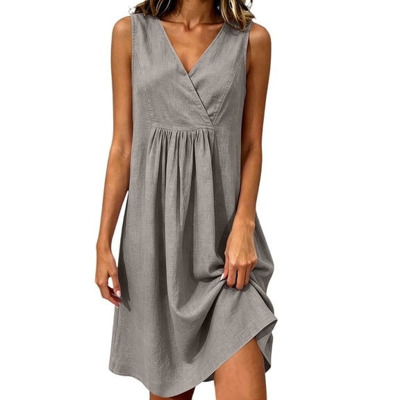 SAWOBUUN Womens Pleated Mini Dress V Neck Sleeveless High Waist Loose Fit Dress Breathable Cotton Blend Sundress