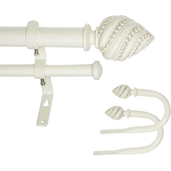 eTeckram 1" Double Curtain Rod with Valois Finials and holdbacks (28‘’-48‘’, Weathered white)