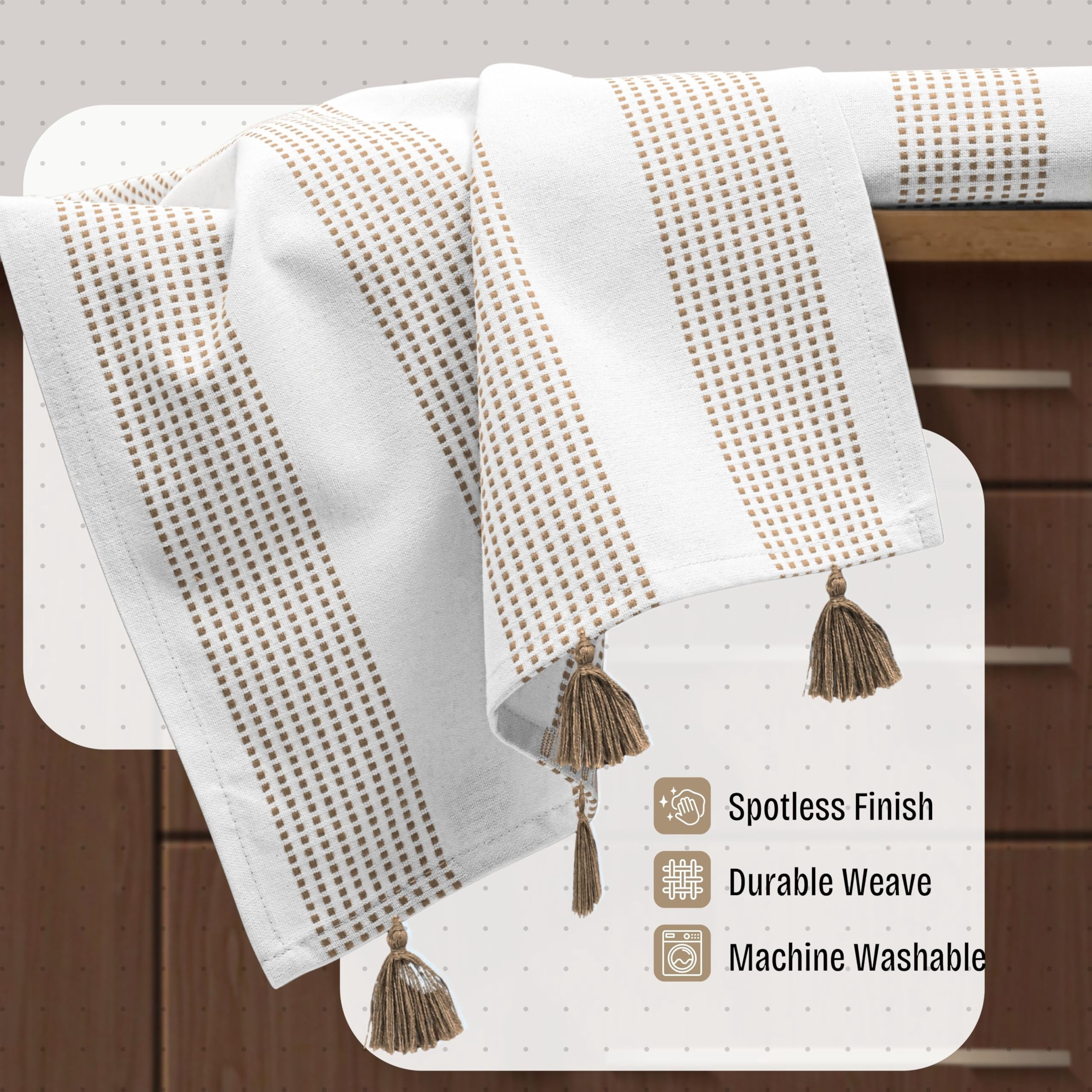 HEIRLOOM COMFORT Beige Decorative Dotted Kitchen Towels 16x26 Inch, 5 Pack, Soft, 100% Cotton, Absorbent & Fast-Drying Dish Towels with Tassels, Ideal for Cleaning, Drying Dishes, and Daily Use