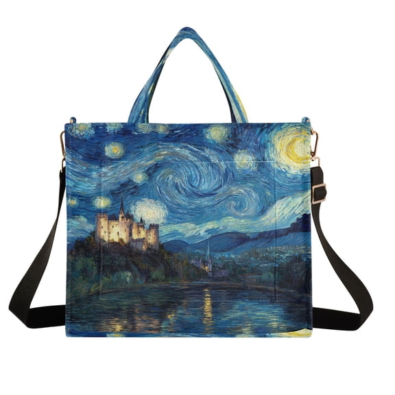 Wobogo Starry Night Style Castle Corduroy Tote Bag for Women Travel Crossbody Bag Purse Women Shoulder Bags Work Handbags Daily Commuter Bag 10.2×9inch