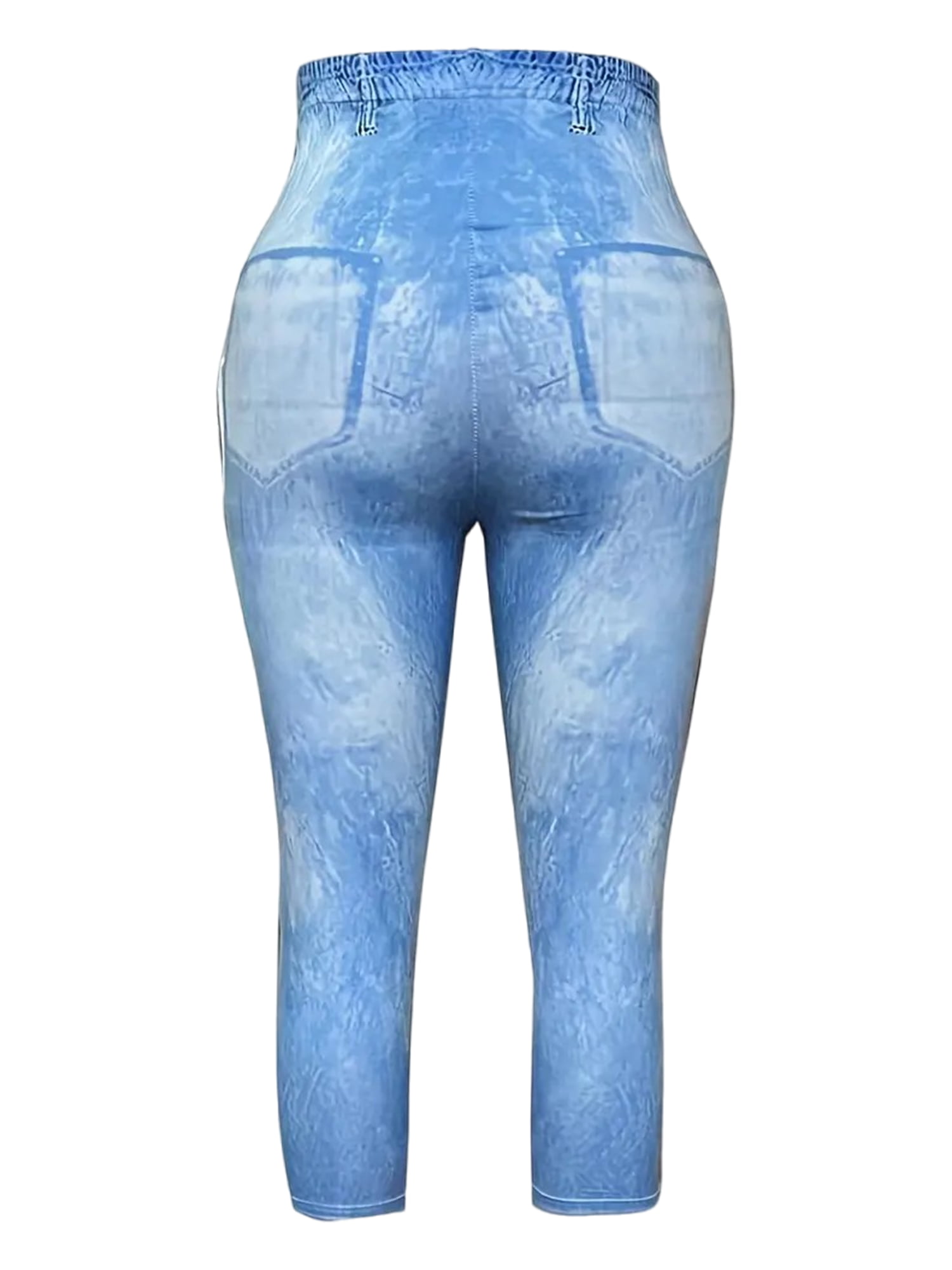 Daeful Women Plus Size Capri Leggings High Waist Oversized Faux Denim  Capris Workout Tummy Control Stretch Fake Cropped Jeans Blue-B 6XL 