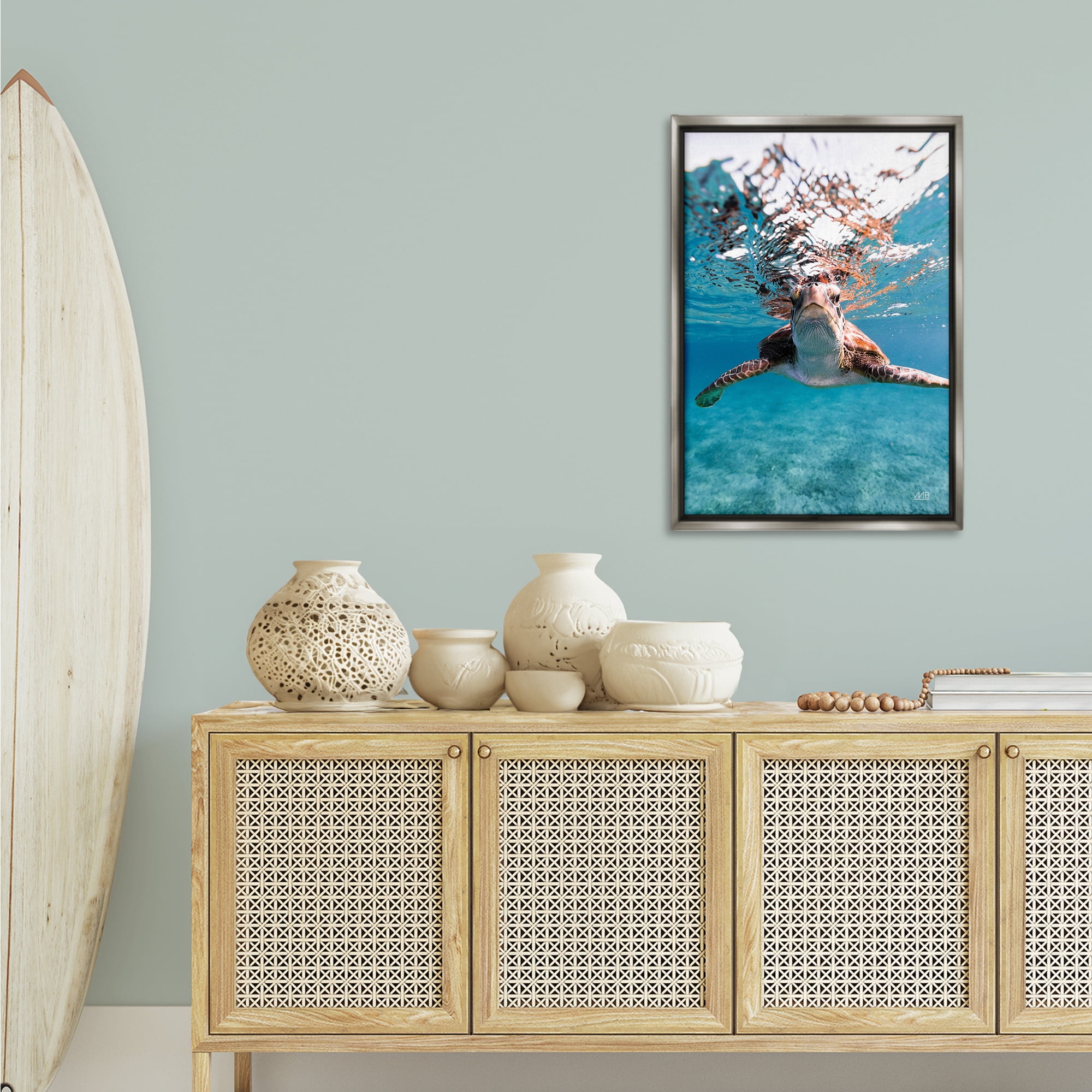Stupell Industries Hello Sea Turtle Splash Animals Photography Gray Floater Framed Canvas Art Print Wall Art, 21 x 31