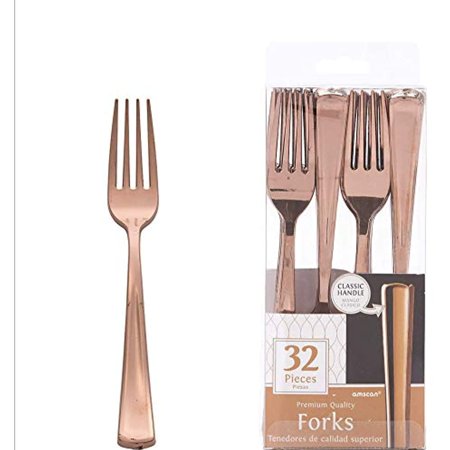 Amscan Rose Gold Premium Plastic Forks | 32 Pcs, Standard