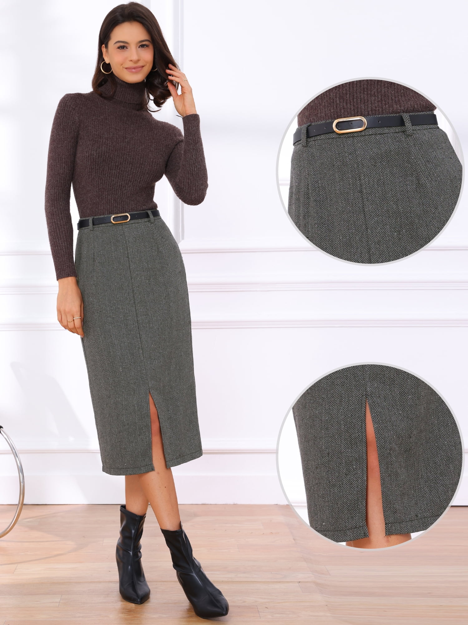DARING DIVA Women's Vintage Fall Slit Office Work Skirts with Belt Small Black