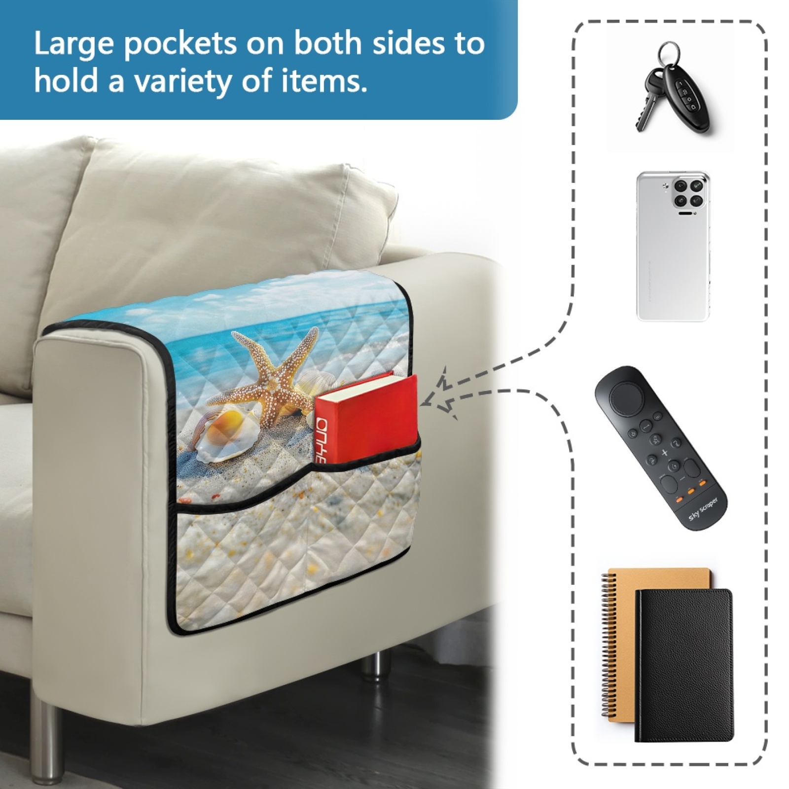 TSOVTHRID Beach Starfish Seashells Print Armrest Cover for Sofa with 2 Side Organizer Pockets 44x20 inch Arm Covers for Loveseat, Recliner, Chair Anti-scratch Armchair Protector
