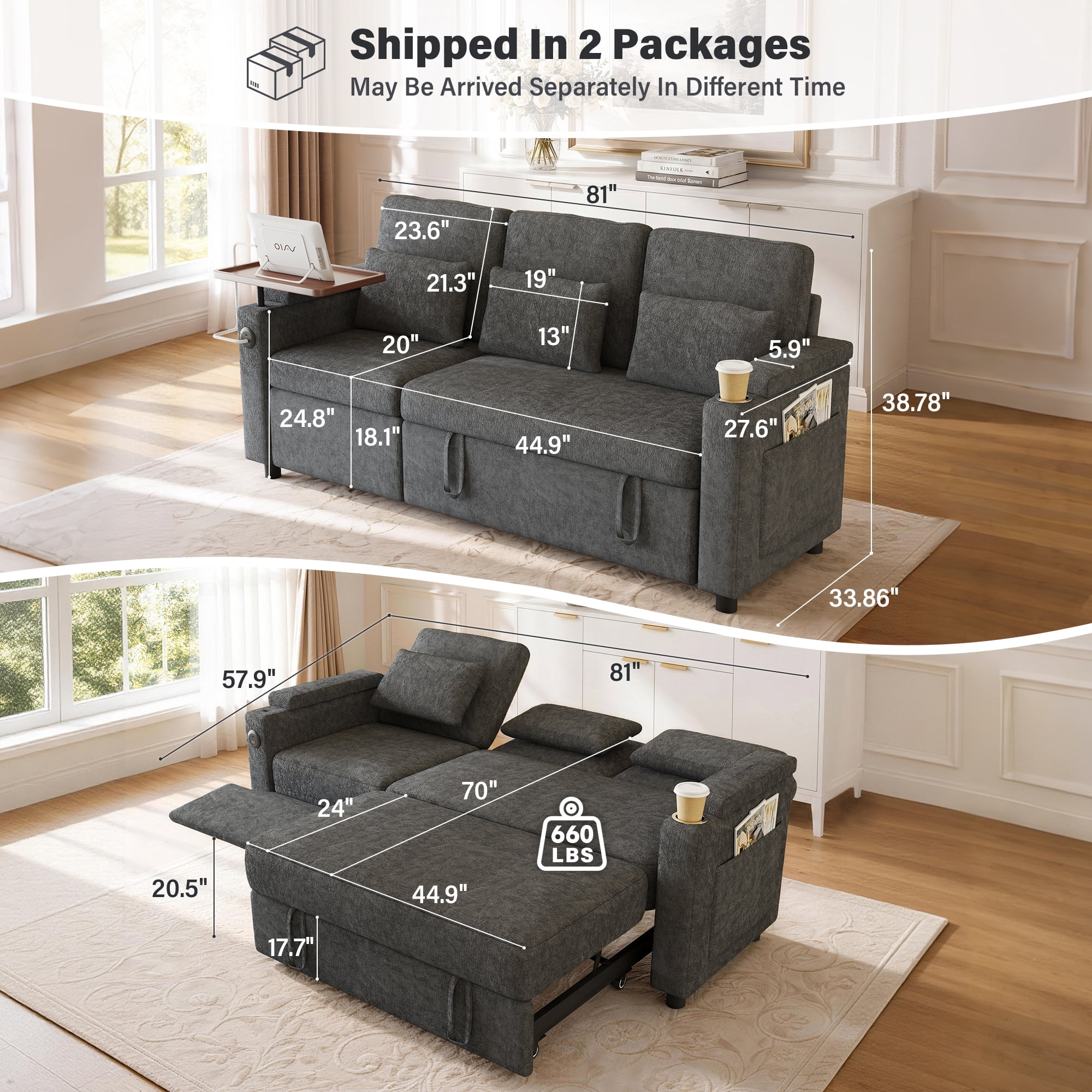 Aukfa 81" Convertible Sleeper Sofa,Chenille 3-in-1 Sofa Bed with Recliner,Center Table,USB Ports & Storage Armrests,Gray