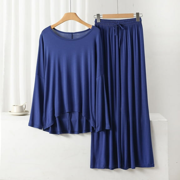 DailyTrove Women's Long Sleeve Pleated Midi Loungewear Skirt - Solid Color, Soft Fabric, Casual Daily & Home Wear,Dark Blue