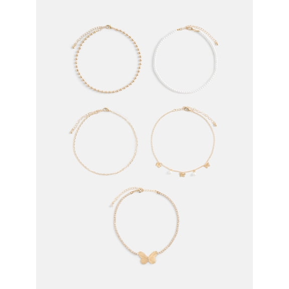 No Boundaries Women's Gold Tone Choker Necklace Set with Butterflies, 5 Piece