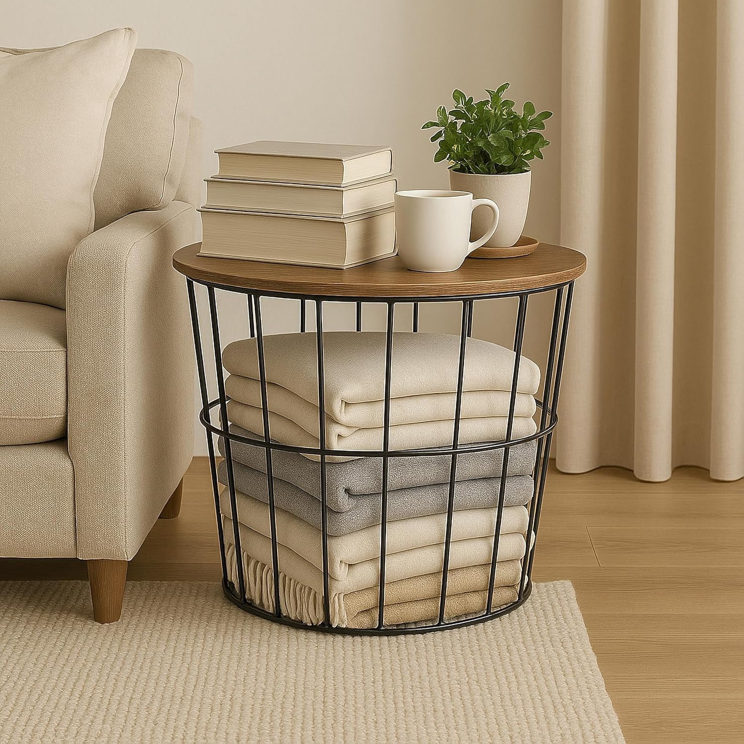 IRIS Round Wire Basket with Wooden Lid, Potato Onion Vegetable Storage, Nestable Storage Bins, 2Pk