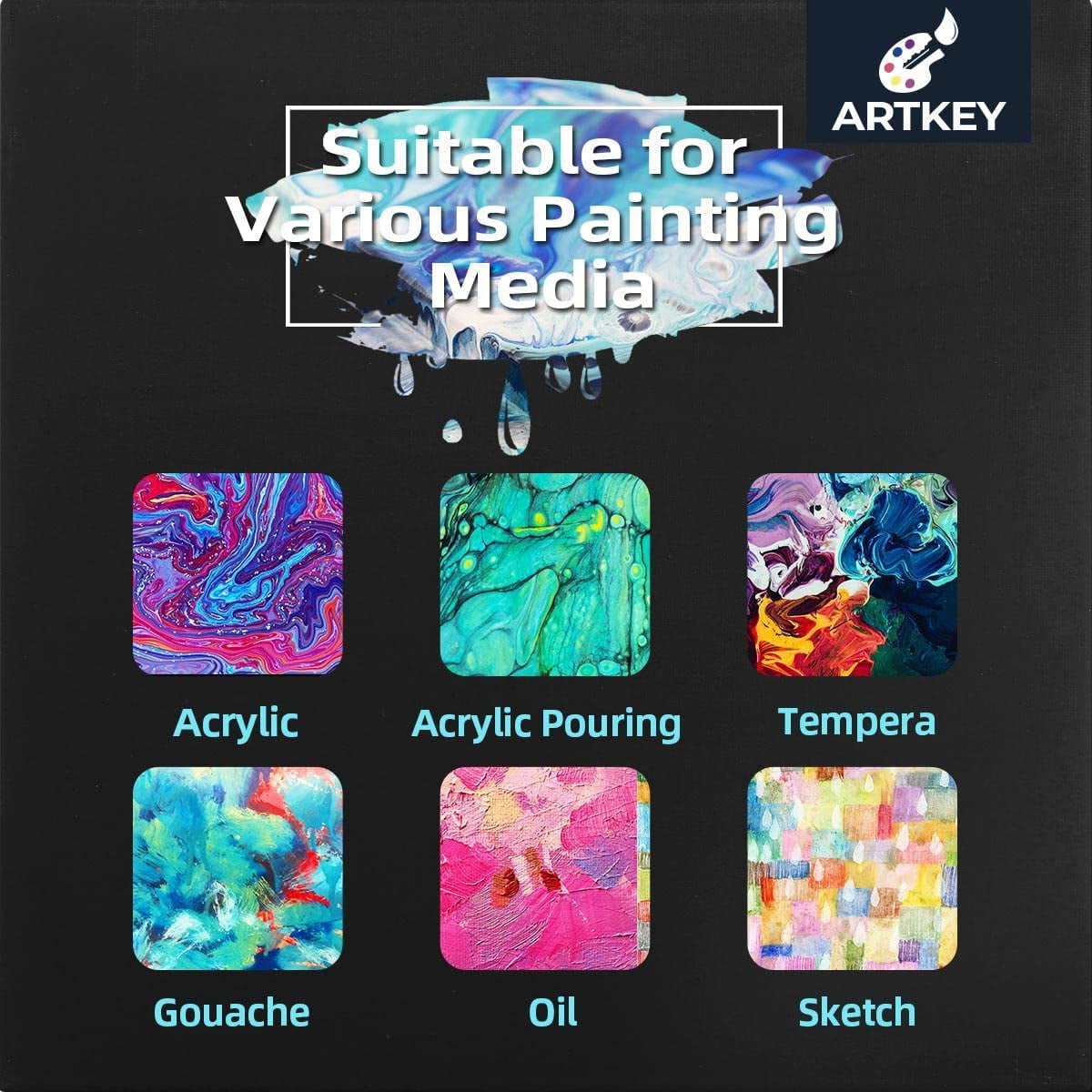 Artkey Black Canvas, 12X12" Stretched Canvases for Painting, 100% Cotton Black Canvas for Kids Adult Paint, 6-Pack