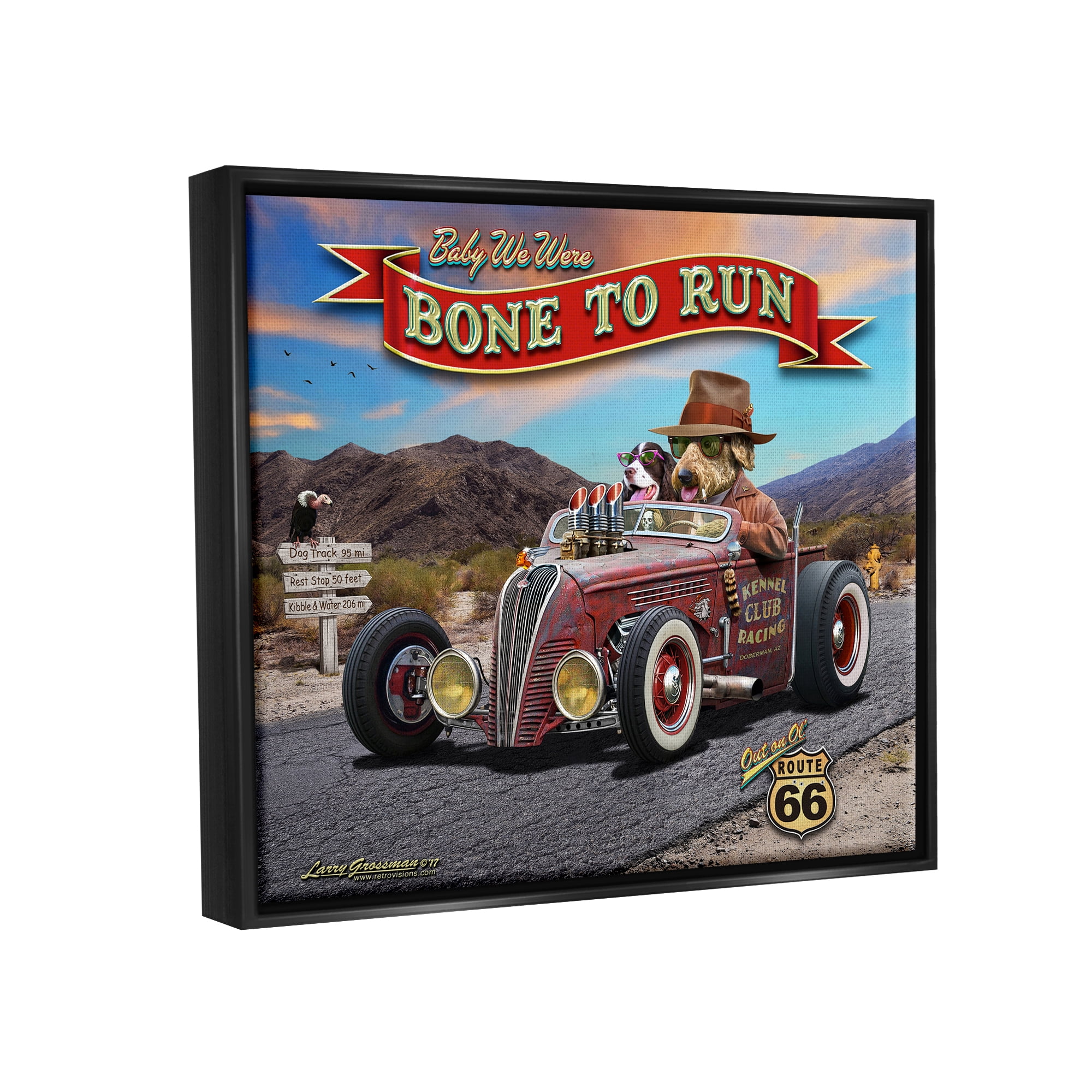 Stupell Industries Bone to Run Dogs Transportation Painting Black Floater Framed Canvas Art Print Wall Art, 21 x 17