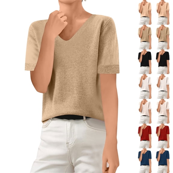 Dwellite Sweaters for Womens Short Sleeve Cropped V Neck Business Casual Lightweight Sweater Tops Summer Spring Knit Tops Pullover 2026 White M