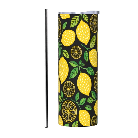 20oz Lemon Citrus Black Fresh Fruit Botanical Summer Insulated Tumbler with Handle and Straw Travel Cup Car Cup with Stainless Steel Straw