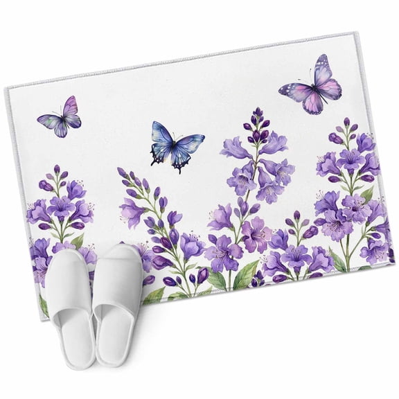Purple Flowers Entryway Rug 2'x3' Spring Watercolor Purple Butterfly Small Area Rug Non-Slip Front Door Mat Washable Floor Carpet for Indoor Entrance Kitchen Bathroom