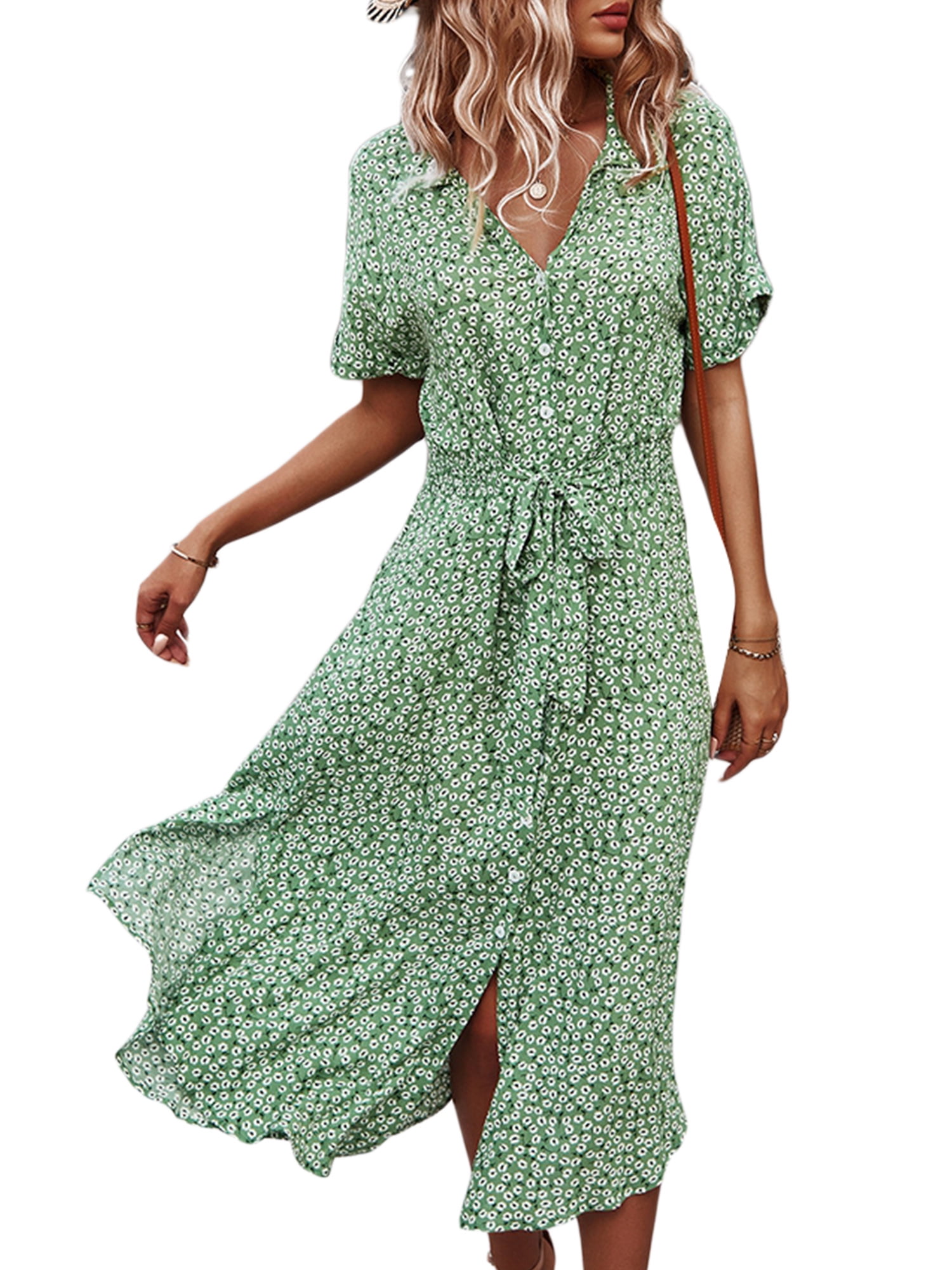 Calsunbaby Women's Button Down Midi Dress Short Sleeve Shirt Dress Floral  Print Front Tie Bohemian One-Piece Green L