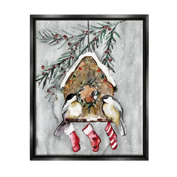Stupell Industries Holiday Stockings Birdhouse Perched Graphic Art Jet Black Floating Framed Canvas Print Wall Art, Design by Stella Chang