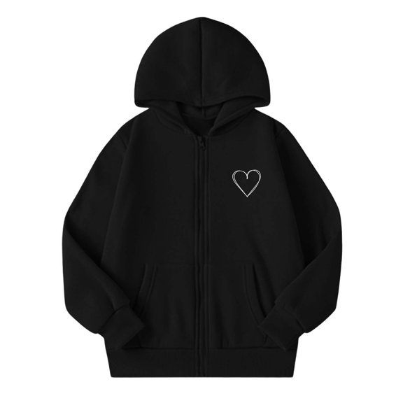 Tiijoy Hoodies for Girls Heart Print Fleece Zip Up Sweatshirts Jacket, Black, Sizes 5-14
