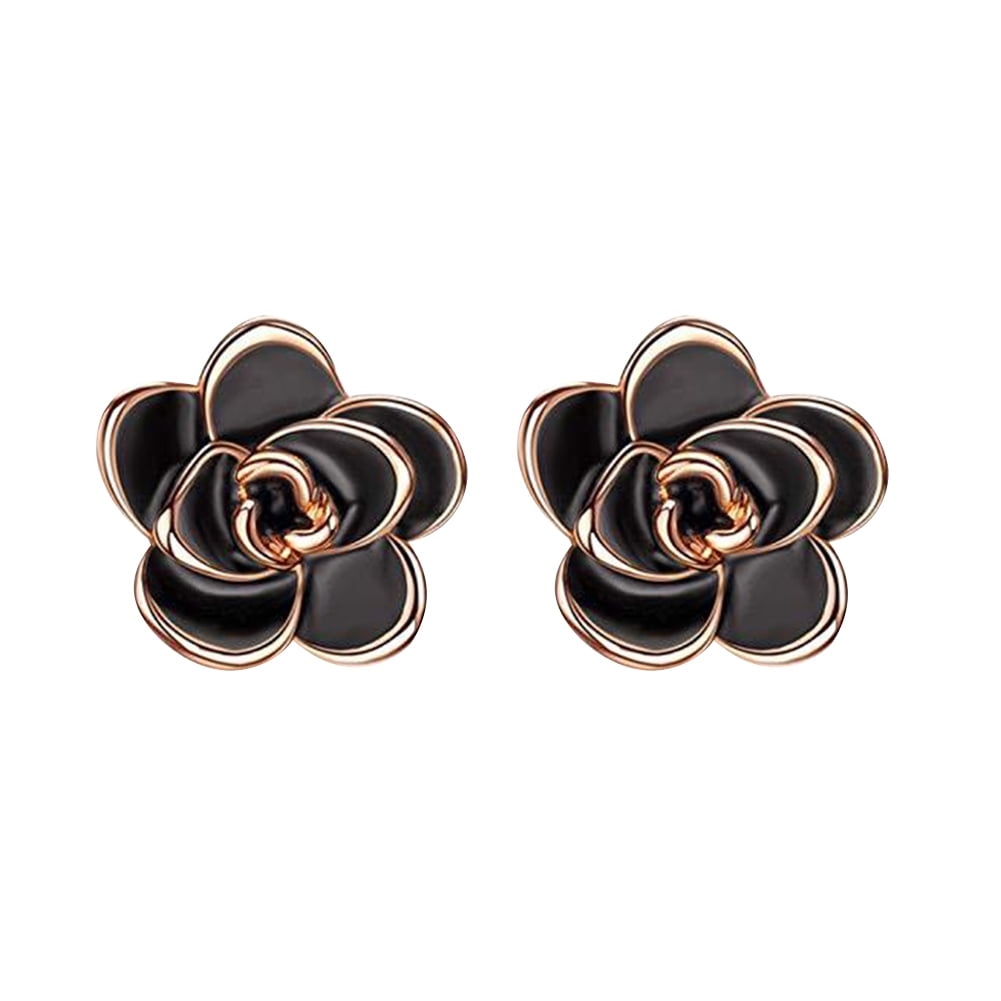 18K Rose Gold Plated Sterling Silver Post Elegant Black Rose Flower Stud Earrings for Women Girls Sensitive Ears