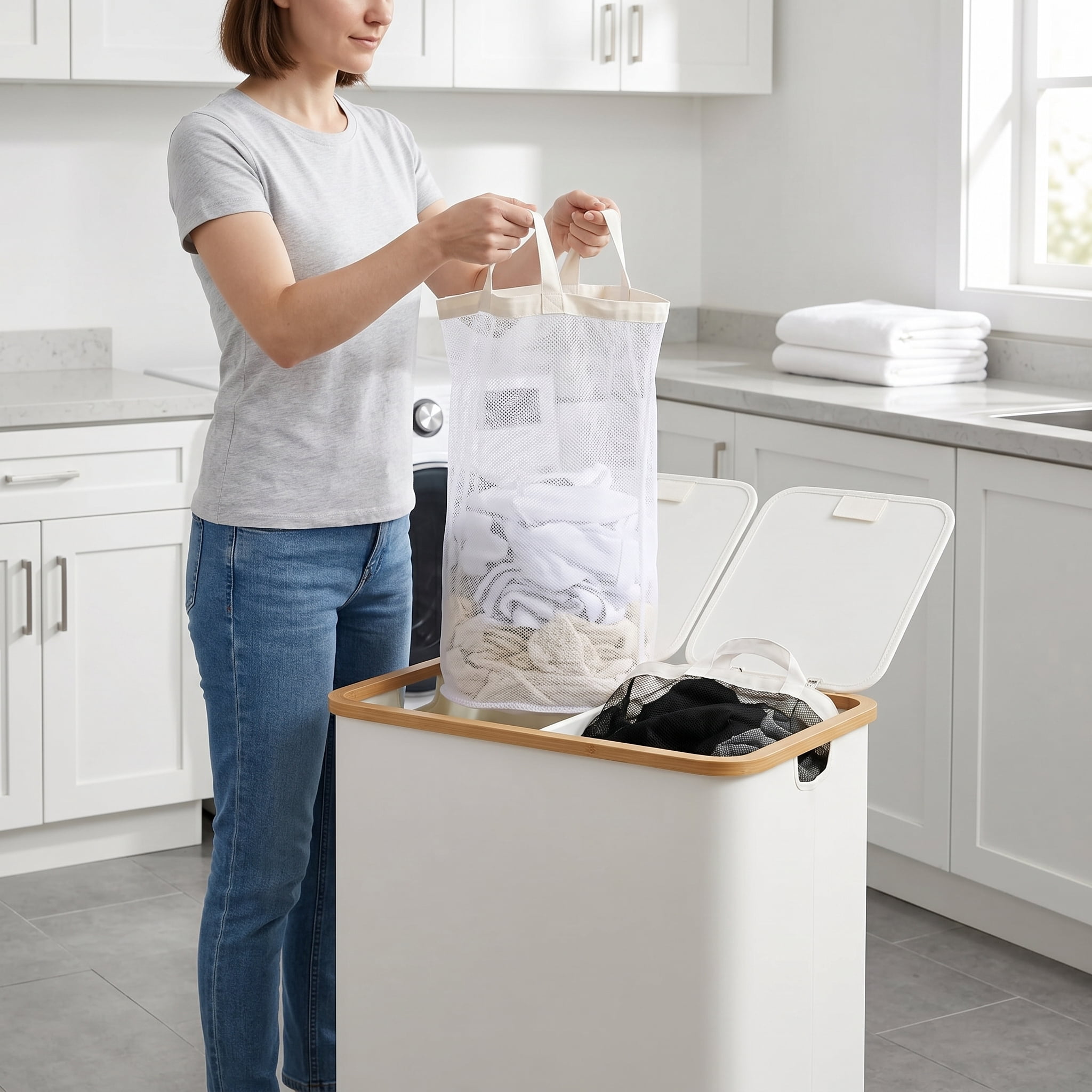 Laundry Hamper with Lid, Double Laundry Hamper with 2 Removable Bags, 2 Section Laundry Basket with Bamboo Handles for Bathroom, Bedroom & Laundry Room, 140L (36.9 Gallon) Beige
