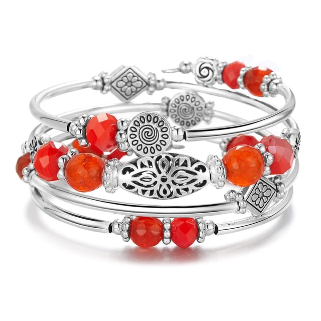 Fulu Autumn Pulseras Apilables Con Cuentas Para Mujer Boho Wrap Pulsera De Plata En Capas Joyería De Moda Regalos Para Ella (Naranja Brillante)
