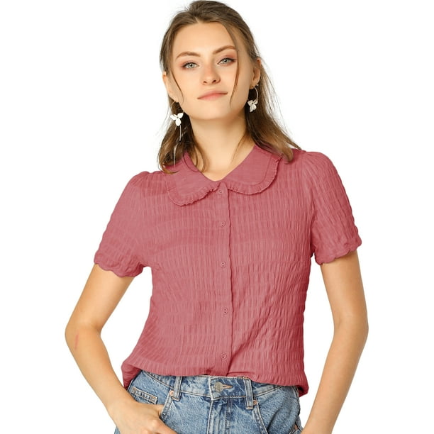 Camisa de Manga Corta Allegra K con Botones y cuello Peter Pan Dulce para Mujer Rosa Sandía S