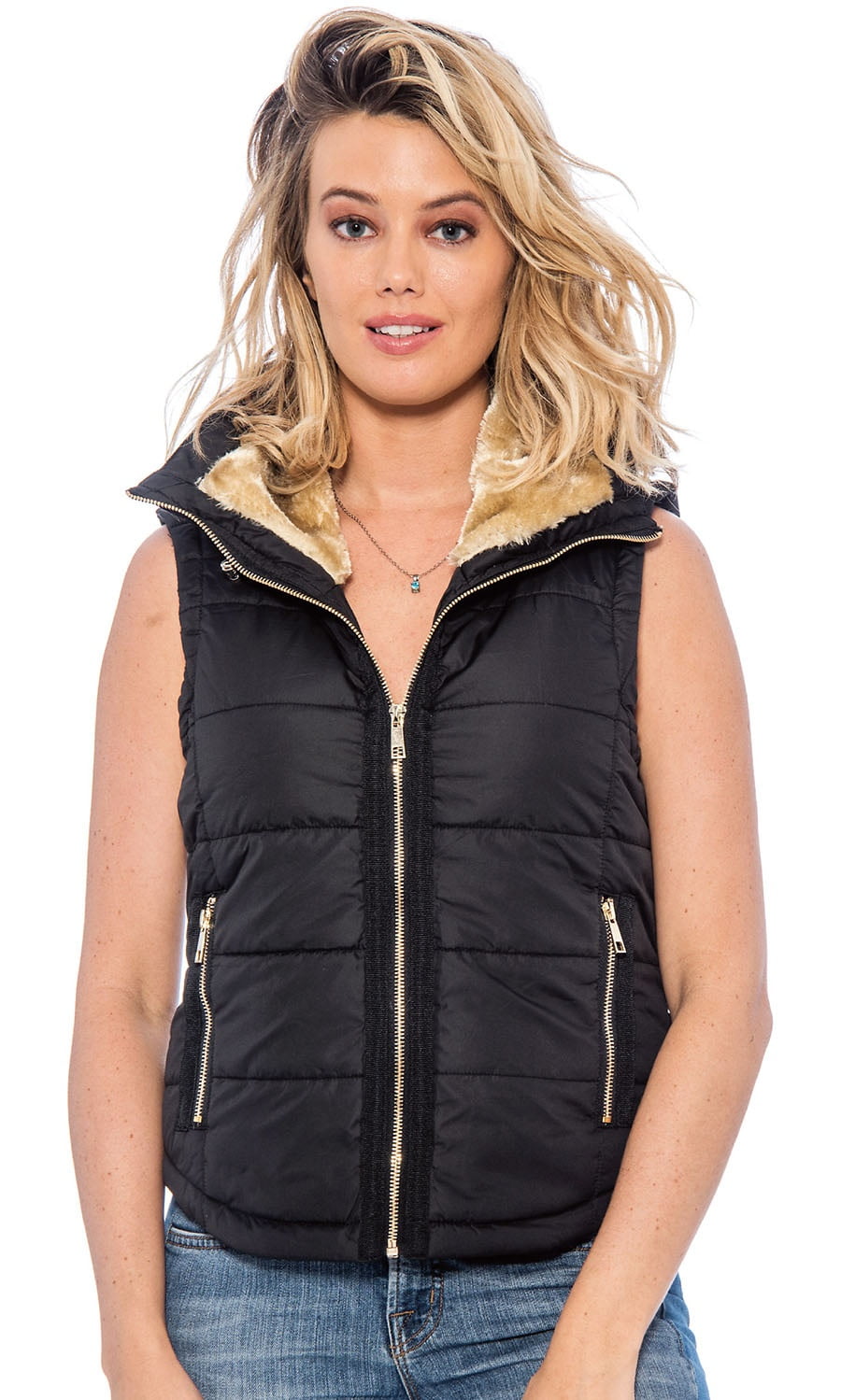 puffer vest with faux fur collar