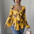 thumbnail image 4 of Tmtolofot Chiffon Tops for Women Front Bow Tie Tunic Tops Ruffle Hem Long Sleeve Shirts V Neck Floral Print Peplum Blouses Fashion Trendy Sexy Outfits 2026 Vacation Elegant Tee Top|Yellow|L, 4 of 5