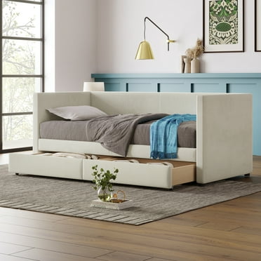 Modern Twin Size Upholstered Daybed with 2 Storage Drawers, Corduroy Fabric Daybed Sofa Bed Frame with Armrests and Wood Slat Support for Bedroom Living Room,Beige