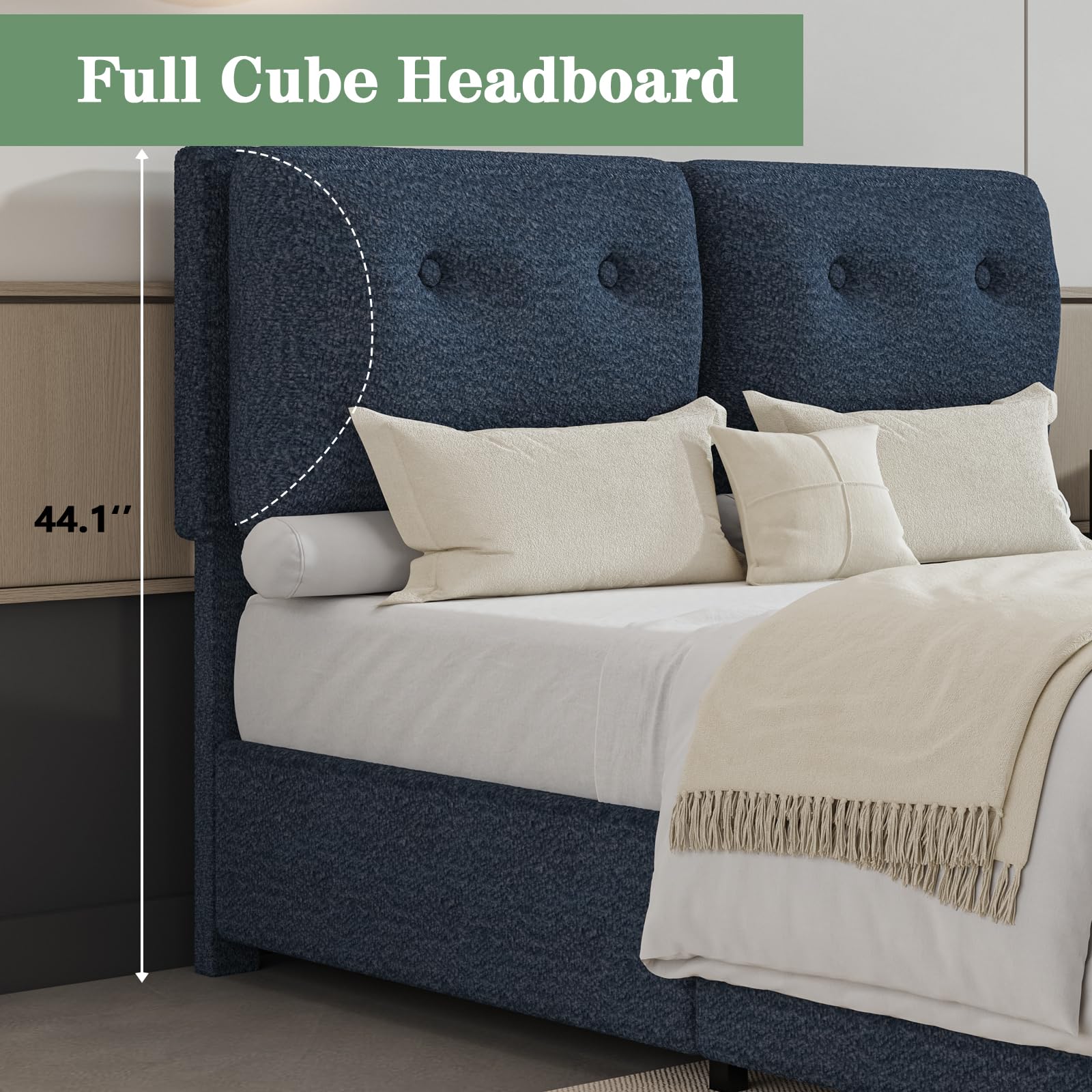 4 EVER WINNER King Bed Frame, King Size Bed Frame with Headboard, Boucle Bed Frame with Removable Pillow Upholstery, No Box Spring Required, Easy Assembly, Navy Blue