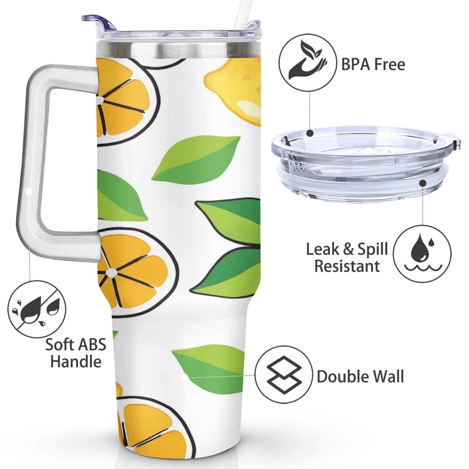 Mug with Handle and Straws 40 oz Stainless Steel Lemon Slices Travel Mug Birthday Present for Men Dad Son Husband Gifts for Him/Her Coffee Mugs