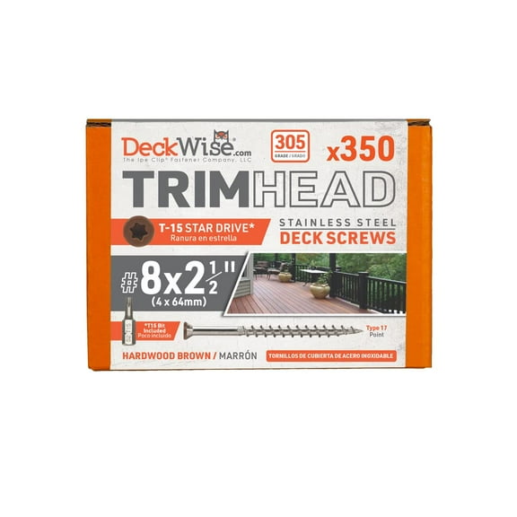 DeckWise #8x2-1/2" Stainless Steel Trim-Head Deck Screws, Hardwood Brown, T15 Head, Covers 50 Sq. Ft. of Decking (350 Pack)