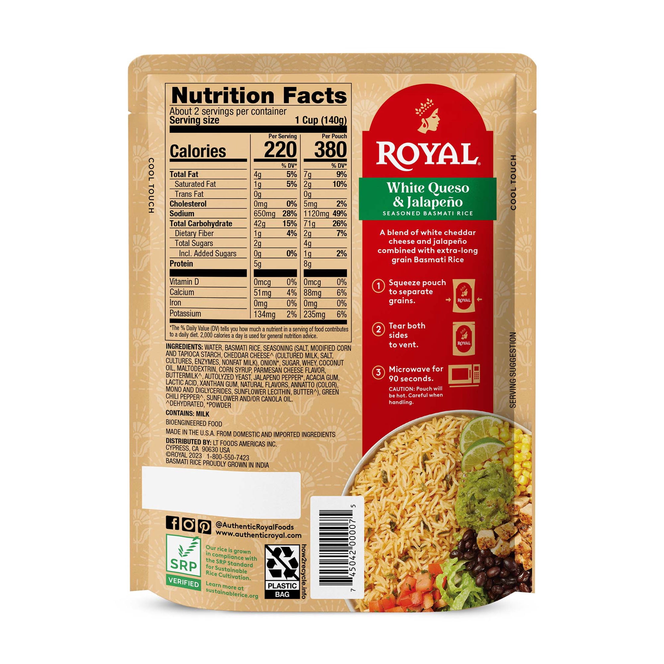 Royal White Queso & Jalapeno Basmati Rice - Ready to Heat Basmati Rice - 8.5 oz Microwaveable Pouch
