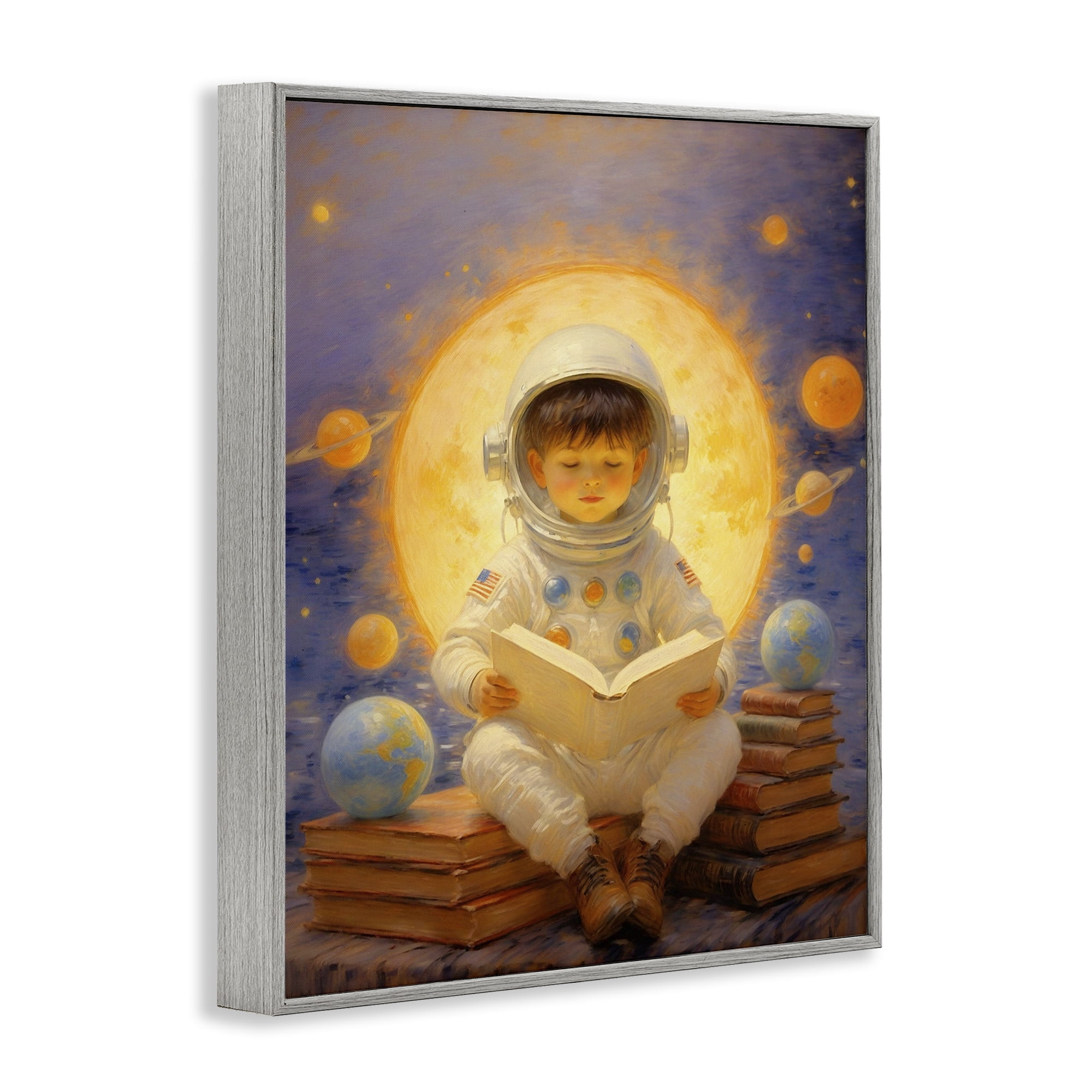 Astronaut Child Learning Gray Framed Giclee Art, design by Angie Hawke