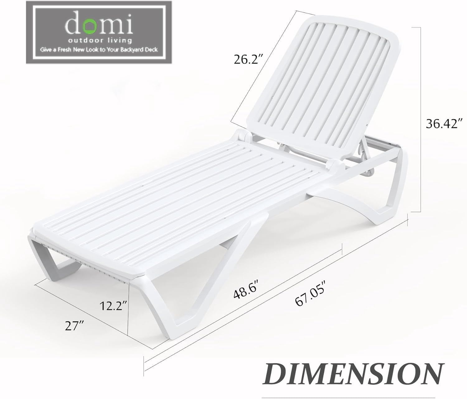 Domi Pool Lounge Chair, Aluminum Adjustable Lounge Chair for Outside, All Weather Plastic Chaise Lounge Outdoor for Beach Deck Lawn Poolside, White