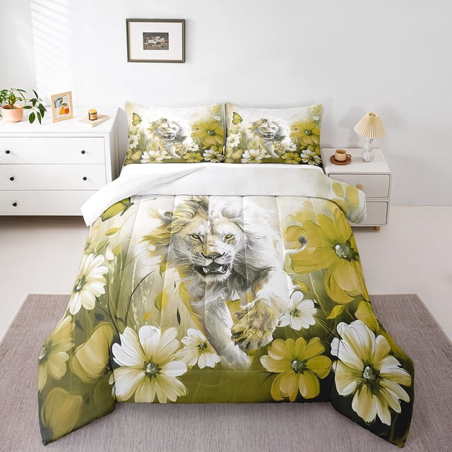 YST Lion Comforter Set Daisy Flowers Bohemian Decor, Queen, 1 Count