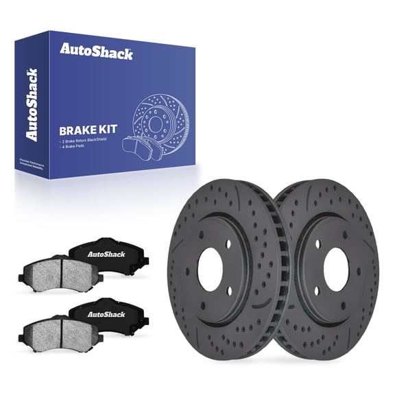 AutoShack Front Vented Drilled & Slotted Coated Brake Rotors Black Matte Finish   Ceramic Pads 6-PC Brake Kit Replacement for 2008-2016 Dodge Grand Caravan BlackShield 11.89" (302 mm)