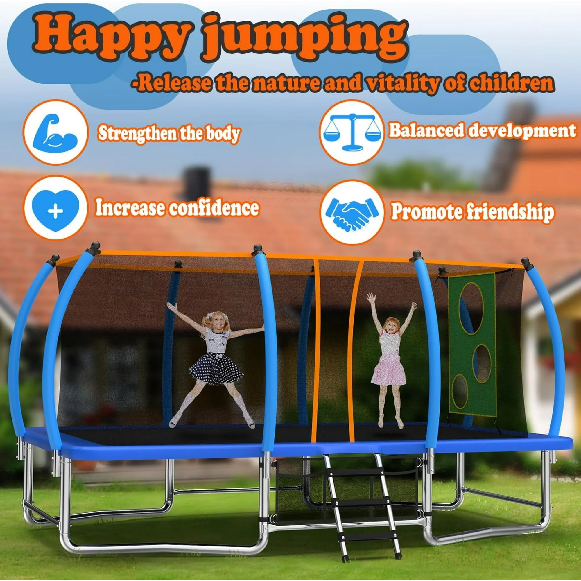 Alvantor 10X16 Ft Trampoline Rectangler, Outdoor Square Trampolines with Enclosure Net Blue