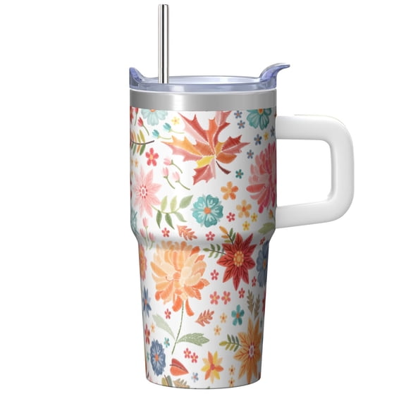 20oz Floral Insulated Tumbler with Handle and Straw, Travel Coffee Cup, Chinoiserie Mug Gift for Women Birthday