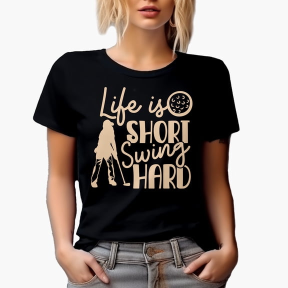 Funny Life Is Short, Swing Hard Quote with a Ball & Golf Player, Golfing or Golfer Themed Merch Gift, Black T-Shirt, Small