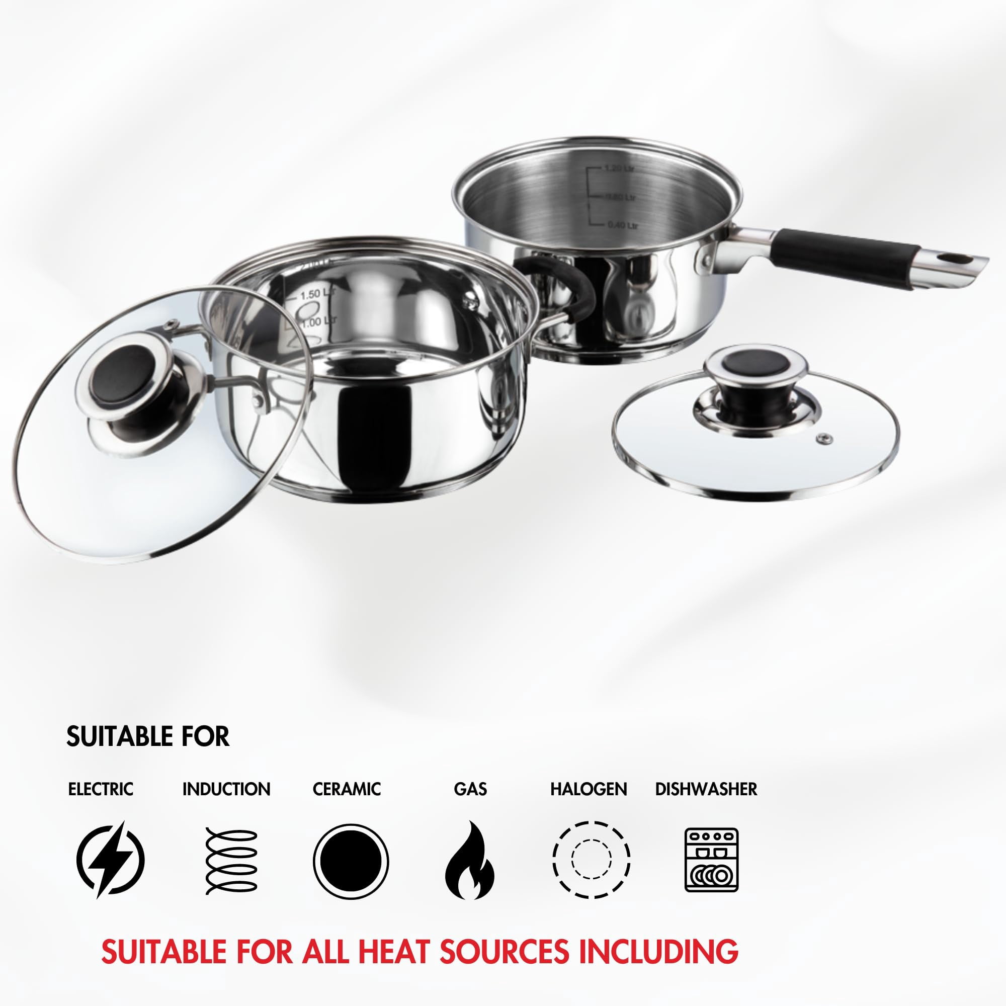 Vinod Stainless Steel Induction And Gas Stove Friendly Master Chef Cookware Set- 2 Pieces, Saucepan (16 Cm/1.5 Litre), Casserole (18 Cm /2.1 Litre) With Glass Lids