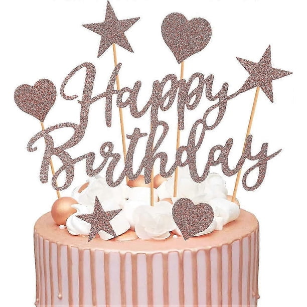 Happy Birthday Cake Topper, 22 Pack Rose Gold Birthday Cake Toppers, Girl Birthday Cake Topper, Heart, Stars Happy Birthday Cake Topper - Suitable for