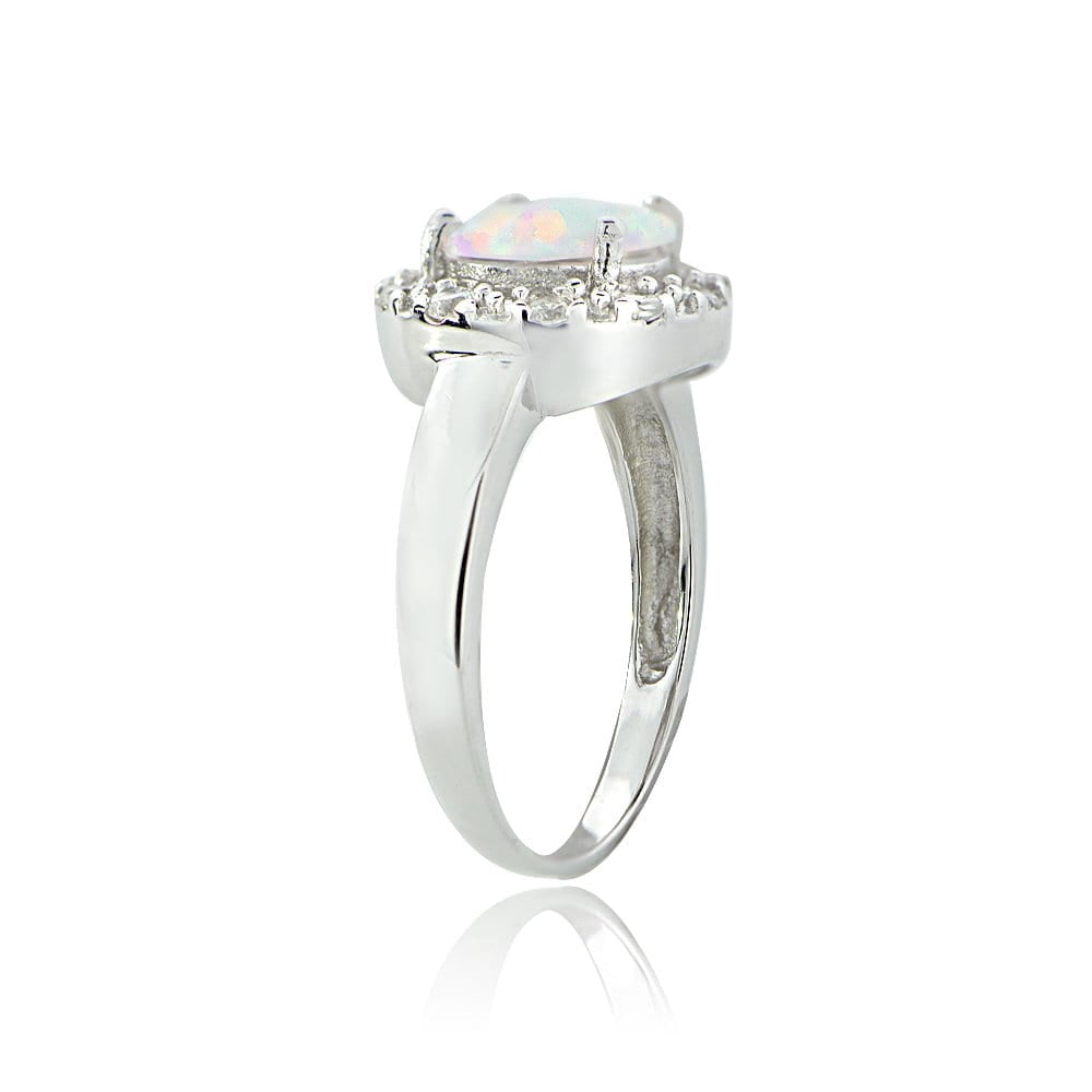 Created White Opal and CZ Sterling Silver Round Ring