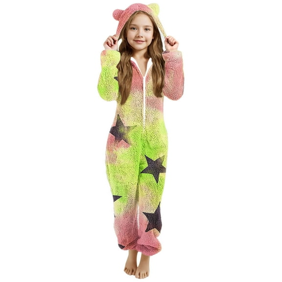 Aofany Girls Onesies Pajamas Fleece Zip Up Jumpsuits Fuzzy Sherpa One Piece Loungewear Sleepwear Kids Hooded Rompers Costume Winter Clothes for 5-15 Years