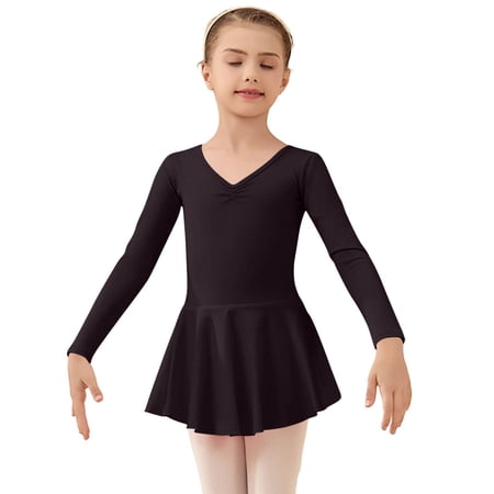 SERTG Girls Long Sleeve V-Neck Skirt Solid Color Practice Wear Dress Kids Dance Gymnastics Outfit Skirts(Black 12 Years)