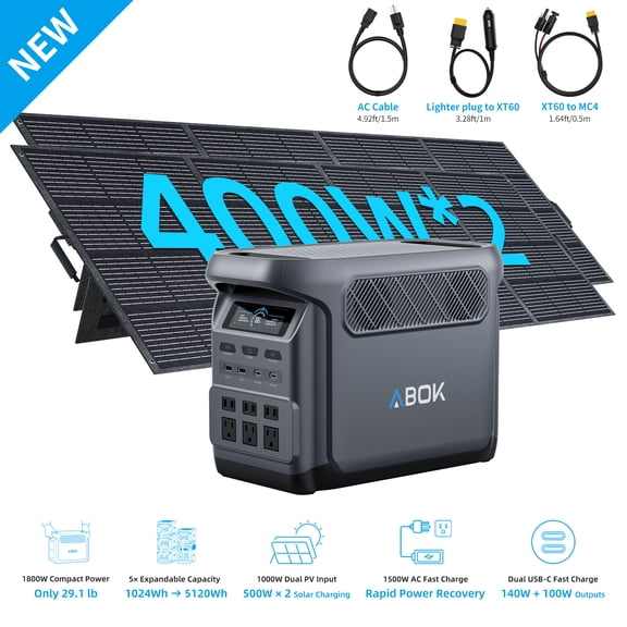 ABOK Elux1 1800W Solar Generator Kit with 800W Solar Panels, 1024Wh LiFePO4 Power Station, 1000W Dual Solar Input for RV & Home Backup