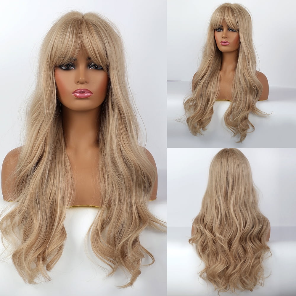 NOGIS Women Long Synthetic Wig Light Blonde Wigs with Bangs Natural Wave Long Curly Heat Resistant  Synthetic Wig