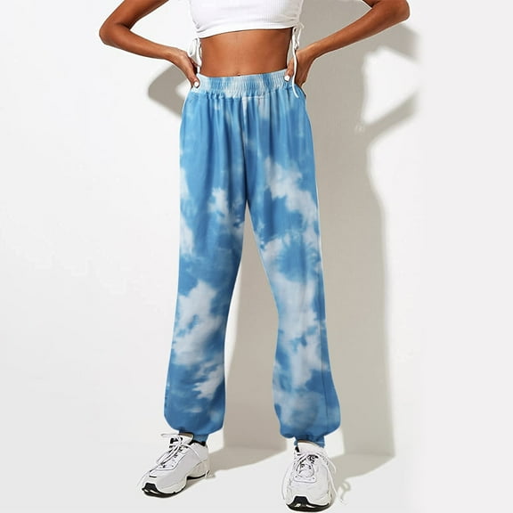 Baqcunre Joggers For Women,Pockets Stretch Tie-dye High Stretch Pants Waist Printed Elastic Trousers High Pants,Womens Fashion,Womens Sweatpants,Pants For Women,Womens Clothes,Blue,L