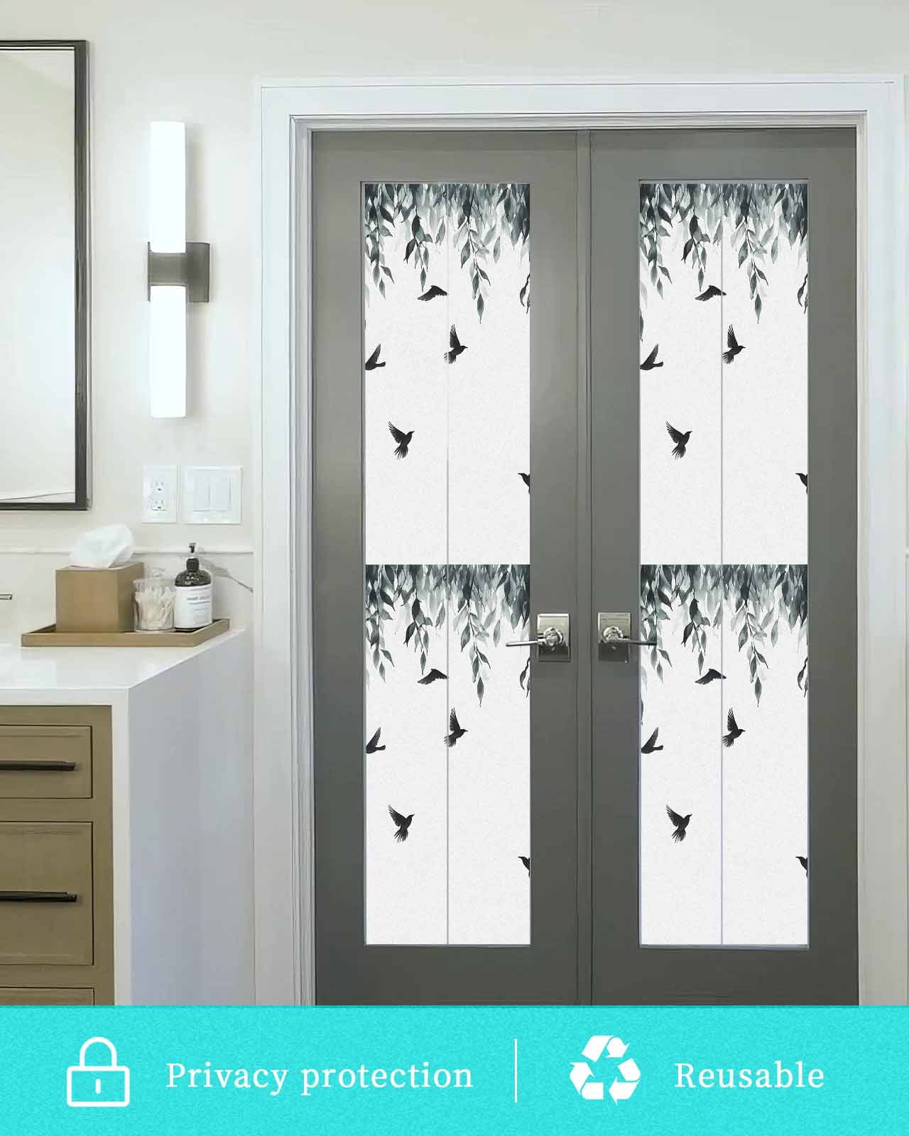 Window Privacy Film Leaf Bird Stained Glass Window Film Decorative Sun Block Window Cover Vine Watercolor Plant Country Style Branch Window Clings Static Adhesive Sticker for Bathroom 29.5"x118"