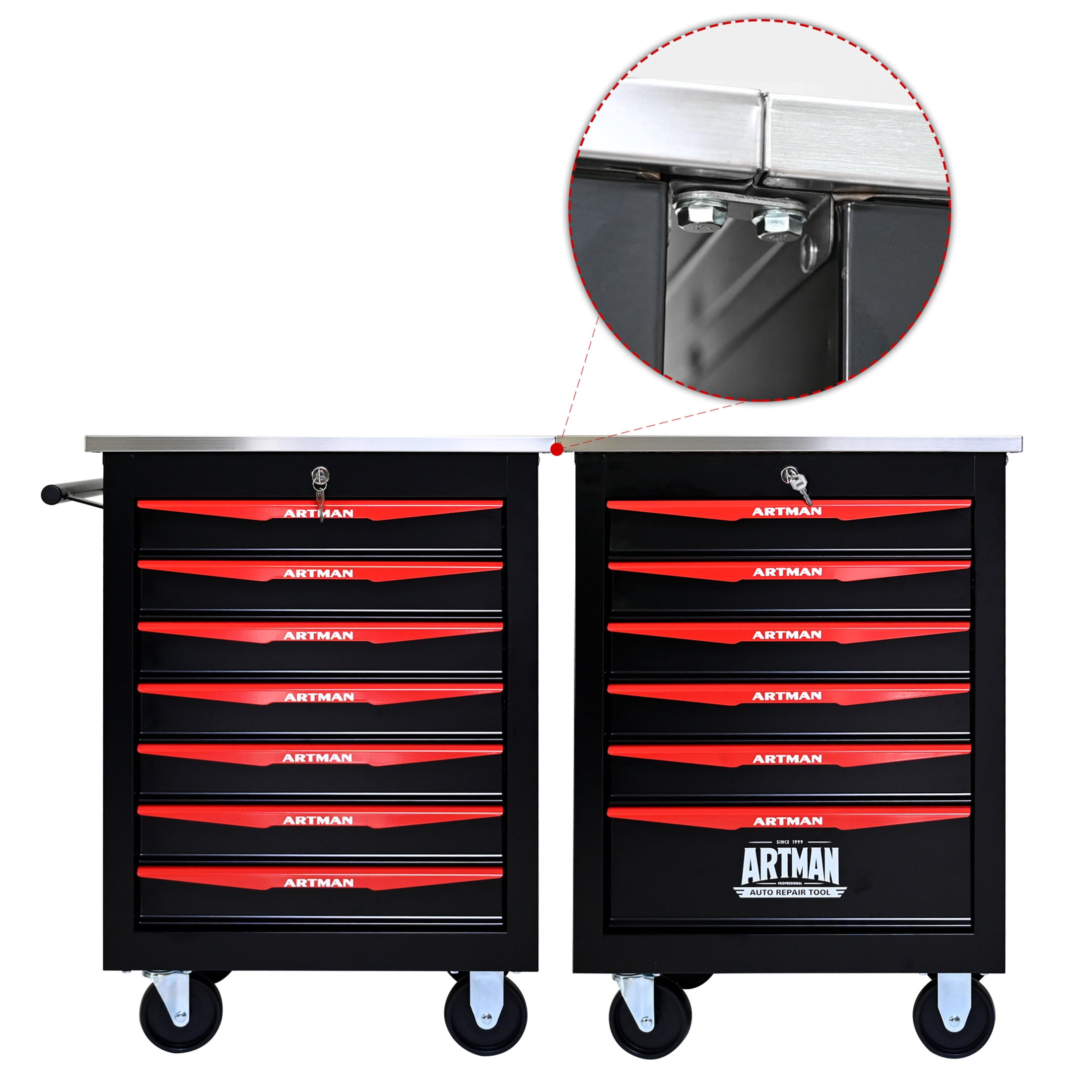 Noble House 7-Drawer Rolling Tool Organizer Cart, Steel Mobile Chest Storage with Worktop for Garage Workshop, Black