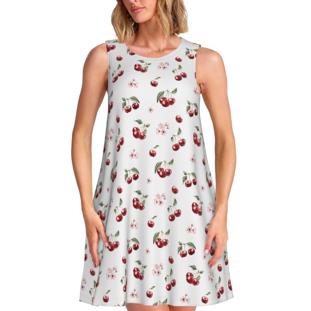 Balery Cherry Berries Vestidos de verano para mujer con estampado: vestido holgado sin mangas, vestido playero informal y cómodo para días calurosos.